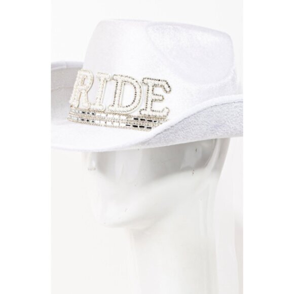 Women’s White‎ "Bride" Cowboy Hat with Pearls & Veil – Bachelorette Party - Picture 4 of 5